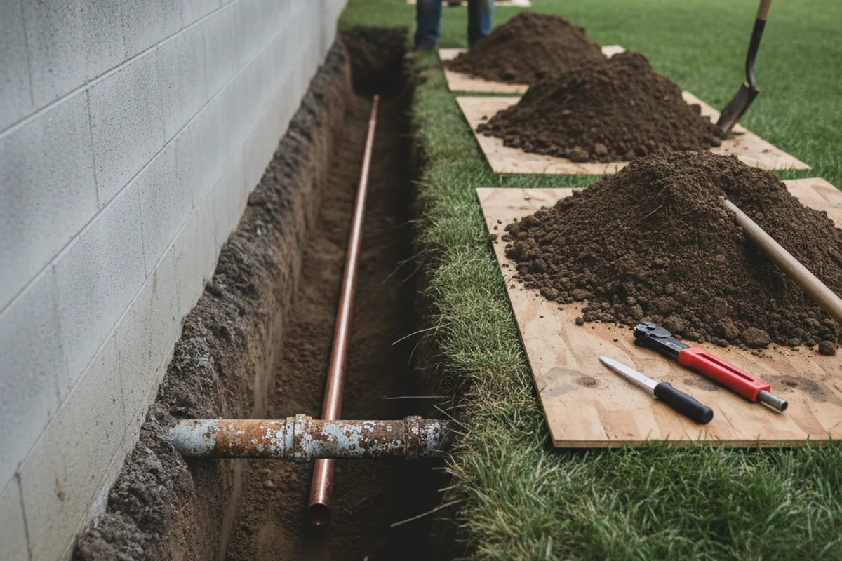 Excavated water line trench during Water Softener Installation in Tustin